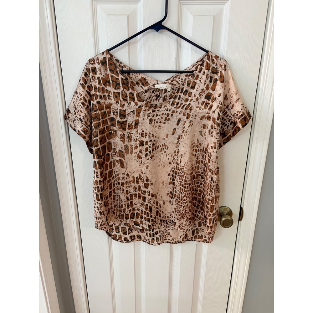 Andree by Unit Blouse Womens Small Brown Animal Print V-Neck Short Sleeve T11181 - Picture 1 of 4